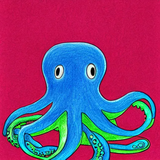 Image similar to multicolor drawing of a sad octopus wearing a pink hat by alex heywood in 4 k ultra high resolution, with depressive feeling