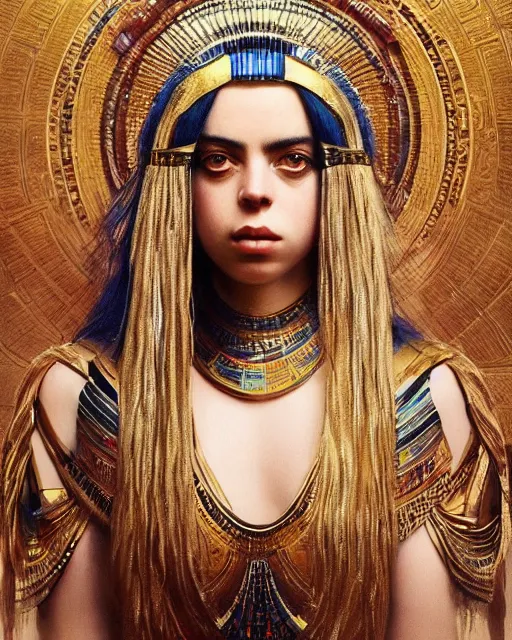 Image similar to Billie Eilish as a beautiful egyptian princess, gorgeous, portrait, Symmetrical, powerful, intricate, beautiful, masterpiece, elegant, volumetric lighting, highly detailed, artstation, sharp focus, no cropping, illustration, Jean-Leon Gerome , ruan jia