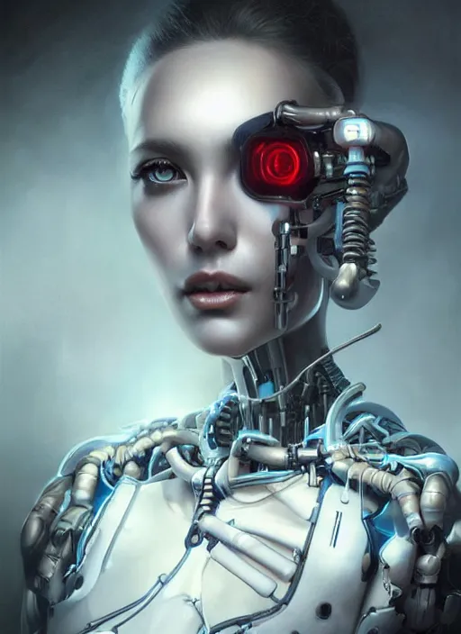 Image similar to a beautiful woman with a cybernetic endoskeleton, painted by artgerm and tom bagshaw, fantasy art, dramatic lighting, highly detailed oil painting