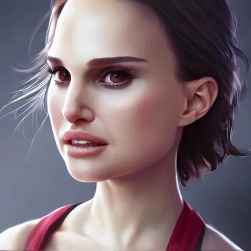 Image similar to realistic detailed semirealism beautiful gorgeous natural cute excited happy Natalie Portman 4K high resolution quality artstyle professional artists WLOP, Aztodio, Taejune Kim, Guweiz, Pixiv, Instagram, Artstation