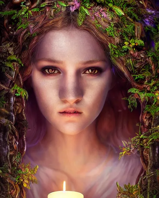 Prompt: portrait high definition photograph cute girl holding a candle fantasy character art, hyper realistic, pretty face, hyperrealism, iridescence water elemental, snake skin armor forest dryad, woody foliage, 8 k dop dof hdr fantasy character art, by aleski briclot and alexander'hollllow'fedosav and laura zalenga