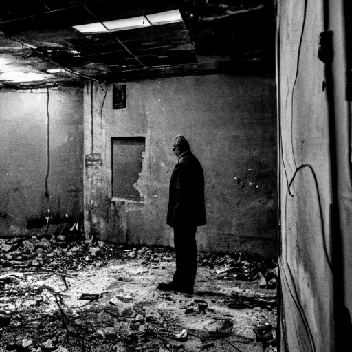 Image similar to a man in black in leather, watching a black hole forming in the grimy grungy basement of an abandoned apartment block, wires, cables, grainy black and white photography