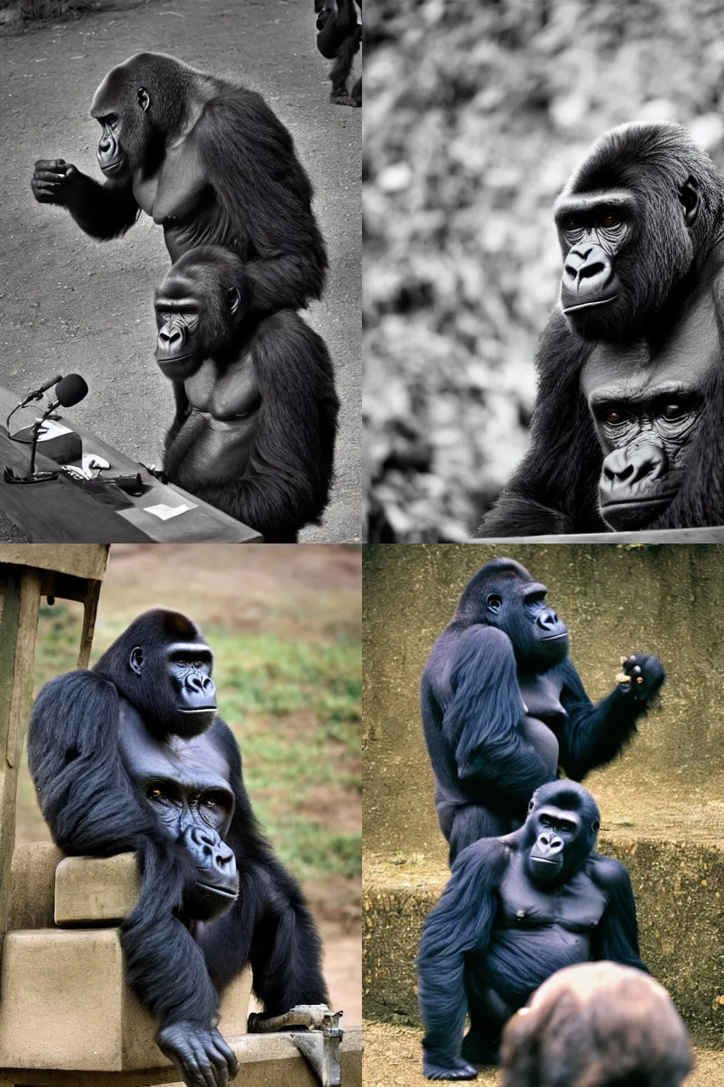 Prompt: a gorilla dictator giving a public speech, National Geographic photography, high quality, film photo,
