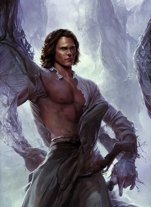 Prompt: sam winchester in a bodice - ripper romantic book cover illustration art by peter andrew jones, artgerm, wlop. fantasy style, sharp focus!, ultra detailed,