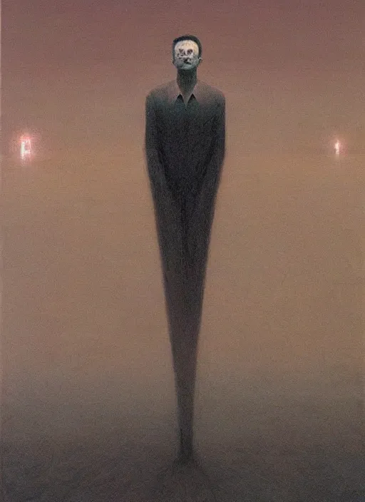 Image similar to A painting in a style of Beksinski featuring Elon Musk. Very detailed, symmetry