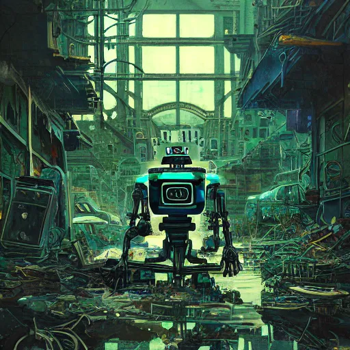 Prompt: A robot sitting alone in a junkyard + black layered paper + end of the world theme + elements + dark blue and green tones + neon + baroque + rococco + white + ink + marc simonetti, craig mullins, peter mohrbacher, michael whelan, detailed, intricate ink illustration, cinematic, mucha