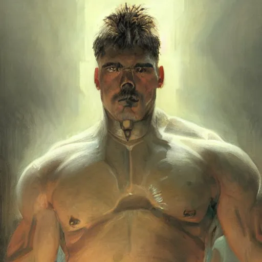 Image similar to handsome portrait of a spartan guy bodybuilder posing, radiant light, caustics, war hero, ghost in the shell, by gaston bussiere, bayard wu, greg rutkowski, giger, maxim verehin