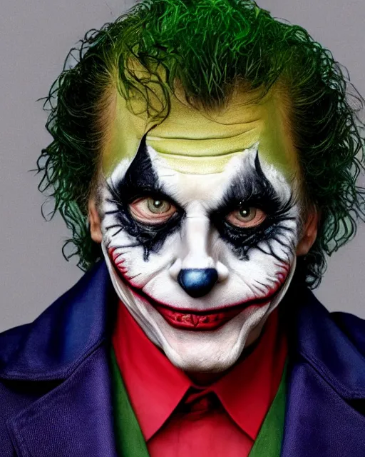 Image similar to Mauricio Macri in Elaborate Cat Man Makeup and prosthetics designed by Rick Baker, Hyperreal, Head Shots Photographed in the Style of Annie Leibovitz, Studio Lighting, Mauricio Macri as the Joker