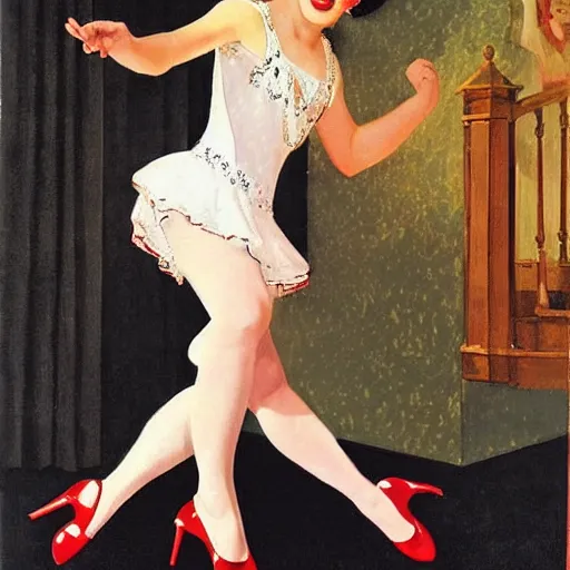 Prompt: a beautiful young girl was dancing the Charleston on the living room carpet with joy, fair skin, red lips, black hair, oil painting, Sherree Valentine Daines, Coles Phillips, Gil Elvgren, Dean Cornwell, JC Leyendecker, 8k