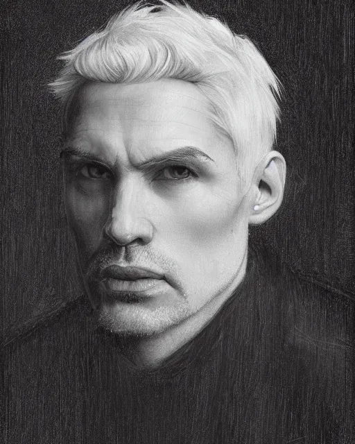 Image similar to portrait of 4 0 - year - old man with white hair with a pale complexion, pointed face and grey eyes, clear smooth face, no beard, wearing all black clothes, haughty facial expression, hyper realistic face, beautiful eyes, close up, fantasy art, in the style of greg rutkowski, intricate, alphonse mucha, hyper detailed, smooth