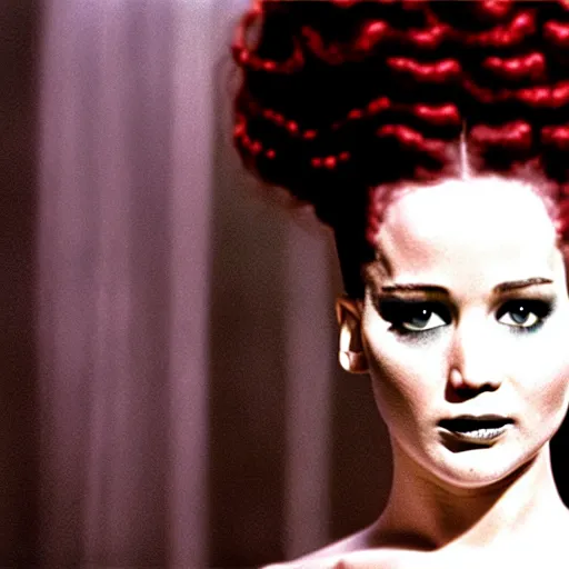 Image similar to jennifer lawrence as bride of frankenstein, color photography, sharp detail, still from the movie