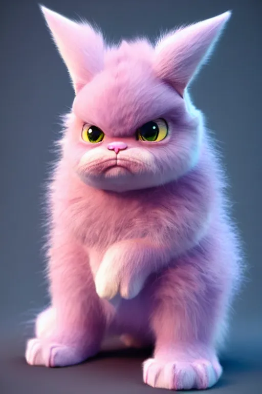 Prompt: high quality 3 d render hyperrealist very cute pastel fluffy! grumpy gargoyle cat hybrid, cyber - medieval armor, vray smooth, in the style of detective pikachu, hannah yata charlie immer, dramatic pink light, low angle, uhd 8 k, sharp focus