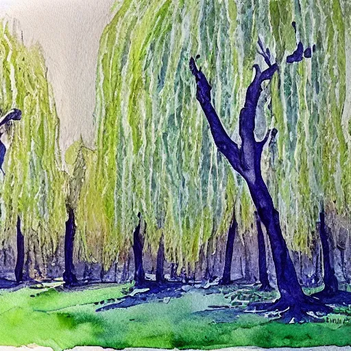 Image similar to spooky willow tree grove, watercolor