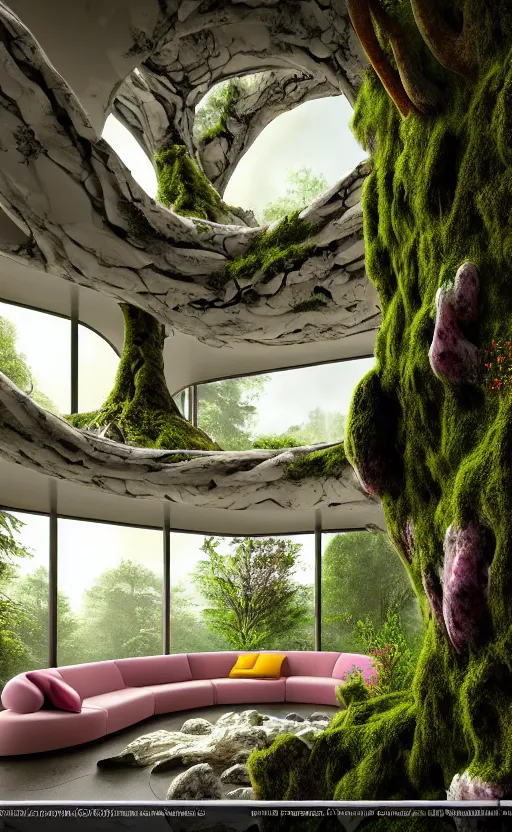 Image similar to highly detailed villa natural beautiful light interior soft cinematic composition of a smooth ceramic porcelain biomorphic magnolia stone nebula fluid sci - fi surreal colorful architecture landscape, furniture, granite, trees, marble, moss, lichen, fungi, vincent callebaut composition, mamou - mani, archviz, 8 k, unreal engine, hdr