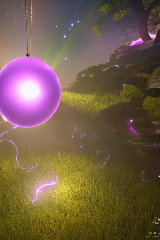 Image similar to a glowing magical orb flickering with purple and green lightning, unreal engine, path tracing