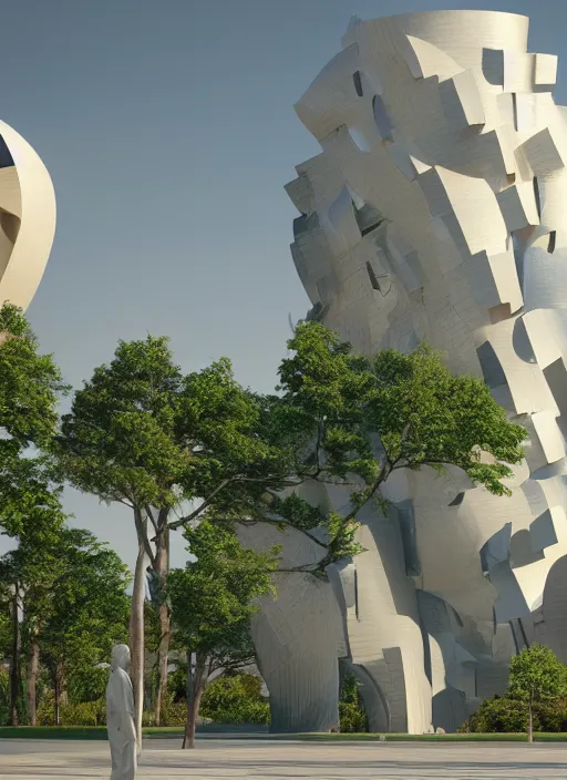 Image similar to highly detailed realistic architecture 3 d render of a futuristic stele monument in frank gehry style standing in city park, archdaily, made in unreal engine 4 octane render