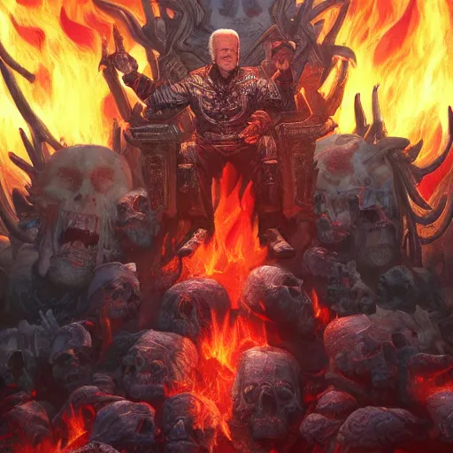 Image similar to Joe Biden sitting on a throne of skulls surrounded by fire, digital painting, highly detailed, trending on Artstation