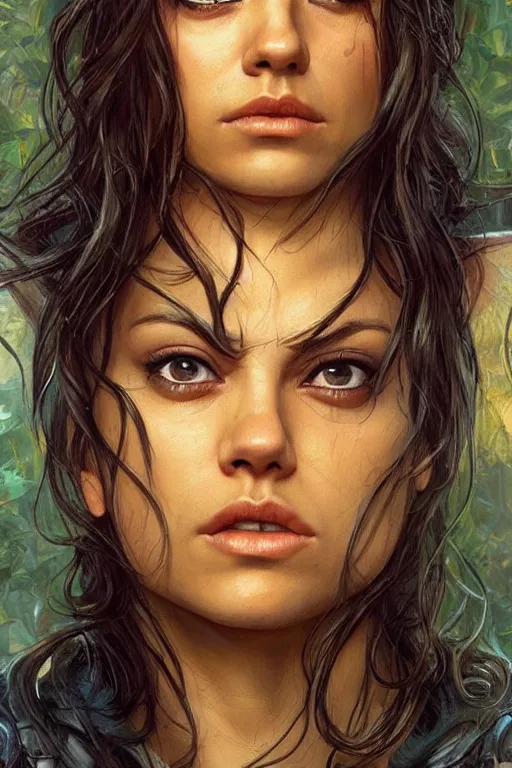 Image similar to tough Mila Kunis as a ruggedly handsome heroine, intricate, elegant, highly detailed, centered, artstation, concept art, smooth, sharp focus, illustration, bokeh art by artgerm and donato giancola and Joseph Christian Leyendecker, WLOP