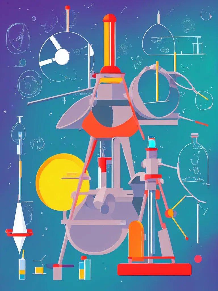 Image similar to editorial illustration scientific lab test tube telescope microscope spaceship, colorful modern, mads berg