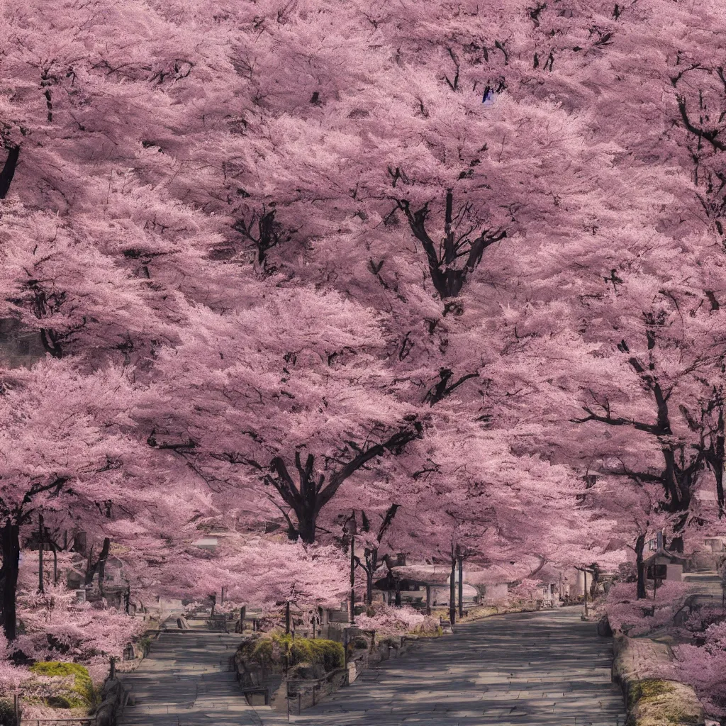 Image similar to old empty samurai city surrounded by sakura trees, matte painting, digital art, artistation