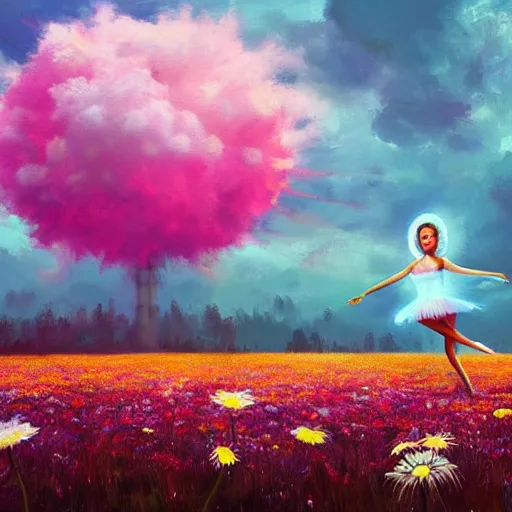 Image similar to giant daisy flower as head, girl ballet dancing in a flower field, surreal photography, sunrise, dramatic light, impressionist painting, colorful clouds, digital painting, artstation, simon stalenhag