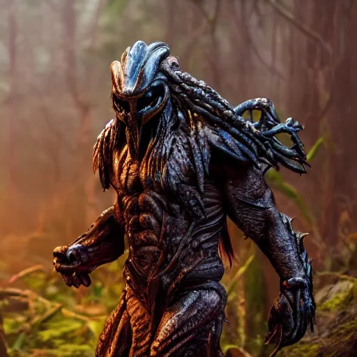 Prompt: Predator from the movie Predator in the forest plains of north yorkshire, 4k, Predator Movie, dragon inspired armor