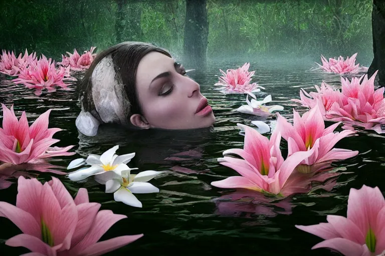 Image similar to hyperrealistic cinematic 3 d close up portrait of a woman's head and shoulders floating in a pond, detailed facial features, surrounded by a forrest of lillies, deep focus, intricate, elegant, by bill henson and gregory crewdson and james jean