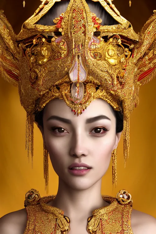 Image similar to a beautiful empress portrait, with a brilliant, impossible striking shiny big gold headpiece, gold clothes, rococo, baroque, jewels, asian, realistic, closeup, D&D, fantasy, intricate, elegant, highly detailed, digital painting, artstation, octane render, 8k, concept art, matte, sharp focus, illustration, art by Artgerm and Greg Rutkowski and Alphonse Mucha