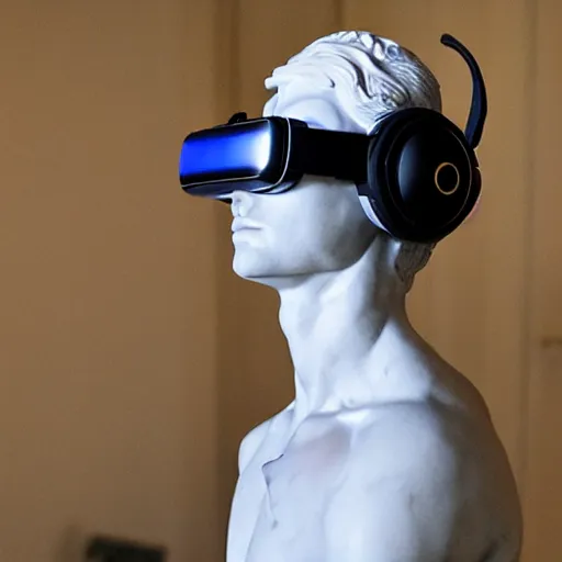 Image similar to a marble statue wearing virtual reality headsets, realistic, detailed, head in frame