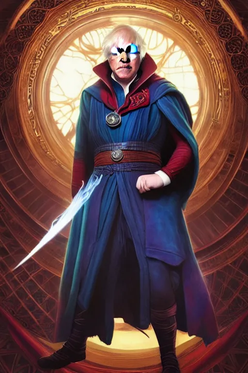 Prompt: Boris Johnson as Doctor Strange, portrait, Sanctum Sanctorum, highly detailed, digital painting, artstation, concept art, smooth, sharp focus, illustration, cinematic lighting, art by artgerm and greg rutkowski and alphonse mucha