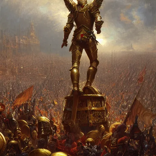 Image similar to artstation concept of a man in armor standing in a crowd gettig cheered, man with arms wide open, bright colorful, gold, hyperdetailed, artstation trending, world renowned artists, worth 1 0 0 0. com, historic artworks society, antique renewel, cgsociety, by greg rutkowski, by gustave dore, deviantart