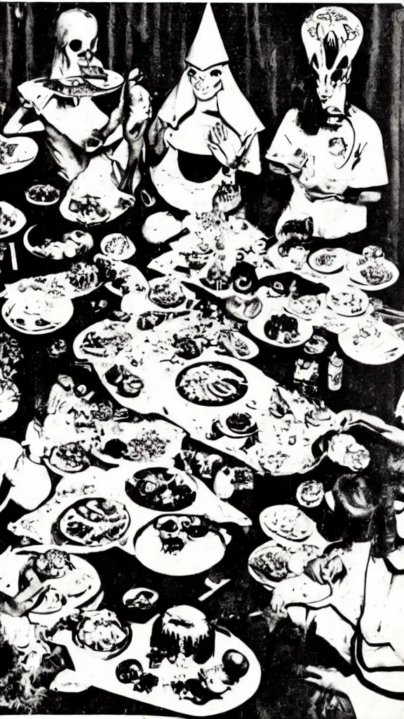 Prompt: occult satanic food ritual, 1 9 6 0 s food magazine photo