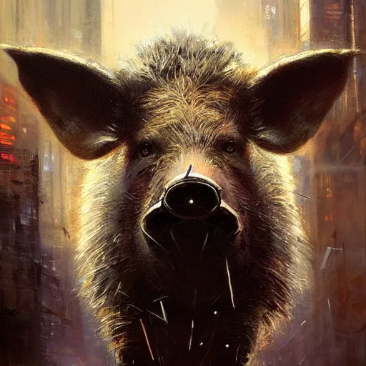 Image similar to stunning portrait of a wild boar, painting by Raymond Swanland, cyberpunk, sci-fi cybernetic implants hq