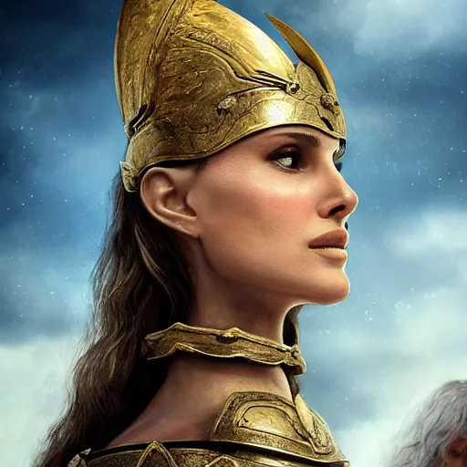 Prompt: Natalie Portman as ancient greek woman in golden helmet, giant grey-haired bearded George Clooney head in the sky, epic fantasy style art, fantasy epic digital art