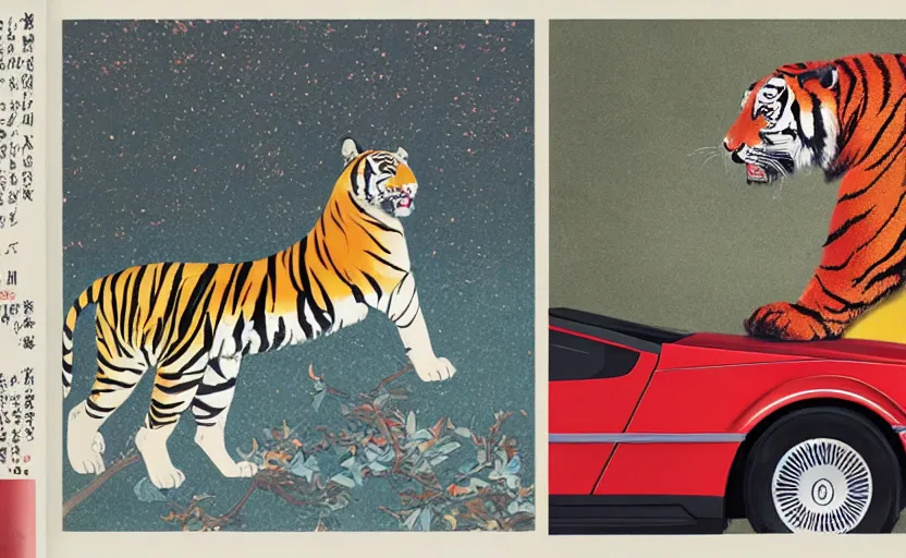 Image similar to a red delorean and a yellow tiger, art by hsiao - ron cheng and utagawa kunisada, magazine collage, # e 5 3 7 1 b, # e 4 e 6 2 0, # de 9 5 f 0,