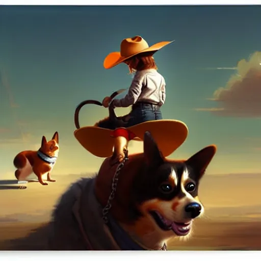 Image similar to tiny cat girl in cowboy hat riding on the back of a giant corgi by greg rutkowski