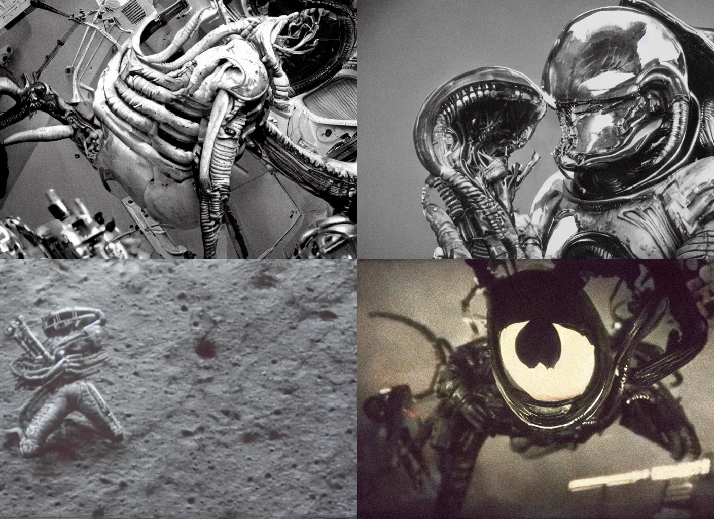 Prompt: xenomorph, xenomorphs, astronaut, apollo 1 1, the movie alien, cosmic horror, high definition, grainy color footage, dramatic angle, far length photography