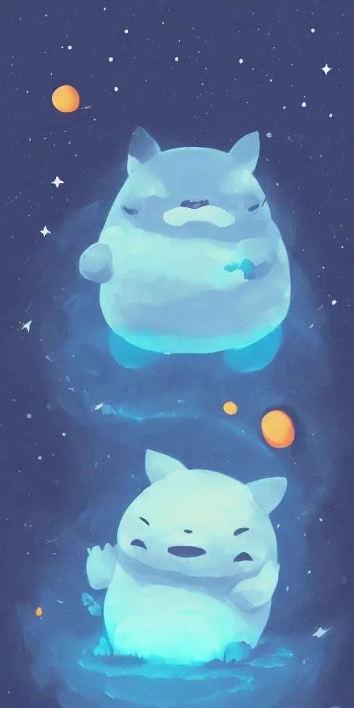 Image similar to glowing snorlax totoro, mountain landscape, night sky, digital art, digital painting, celestial, majestic, colorful