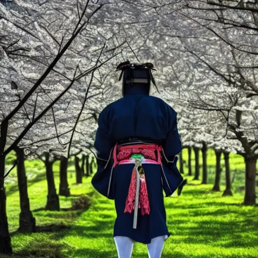 Prompt: a samurai warrior amongst cherry trees