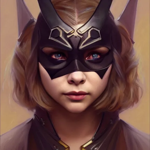 Image similar to Beautiful Chloë Grace Moretz as Bat Girl, western, D&D, fantasy, intricate, elegant, highly detailed, digital painting, artstation, concept art, matte, sharp focus, illustration, art by Artgerm and Greg Rutkowski and Alphonse Mucha