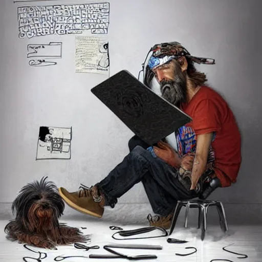 Image similar to homeless man hobo with long beard and long hair sitting at his computer in a white room asylum, headphones on head, his pet dog yorkshire terrier sitting beside him, pixar style, by tristan eaton stanley artgerm and tom bagshaw.