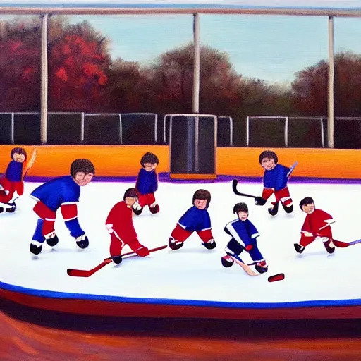 Prompt: a painting of a group of kids playing hockey in an outdoor rink