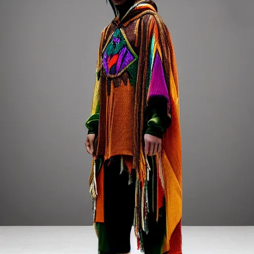 Image similar to hispanic brown skin wearing gucci colorful intense intricate textile chiton himation cloak tunic detailed streetwear cyberpunk modern fashion