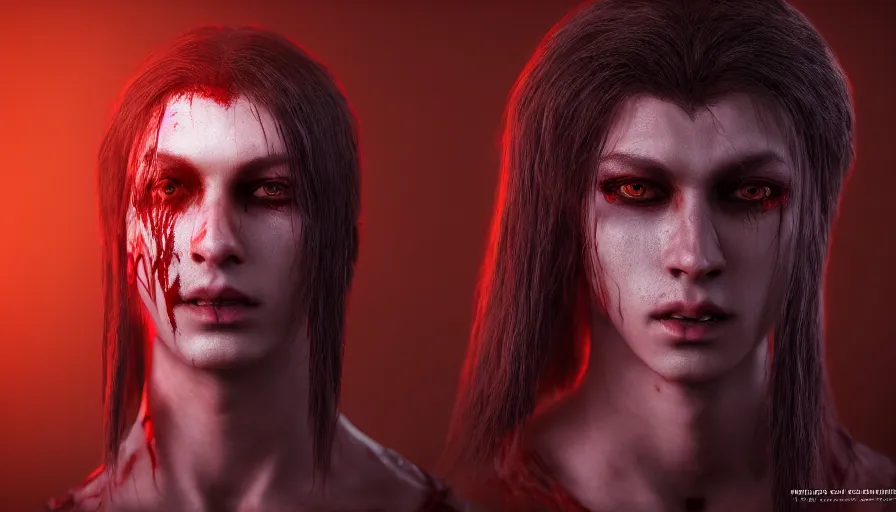 Image similar to a digital art portrait of a young vampire warrior with red eyes and ponytail hairstyle character design from dark souls, blood mage character sheet, 4 k, ultra detail, volumetric lighting, unreal engine, octane render
