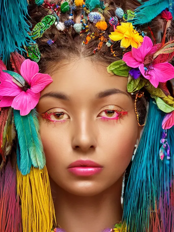 Image similar to beautiful portrait of a Subtropics minority female wearing fantastic Hand-dyed cotton dress, embellished beaded and feather decorative fringe knots ,colorful pigtail,among subtropical flowers and plants,symmetrical face,intricate, cute, playful,elegant, highly detailed, dim volumetric lighting, 8k,post-processing,digital painting, trending on artstation, concept art, sharp focus, illustration,by Steve McCurry and Tom Bagshaw and Daniel Gerhartz and Albert Aublet and Lawrence Alma-Tadema