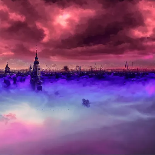 Prompt: apocalyptic amsterdam with psychedelic clouds in the year 2 1 4 5. 8 k, blue, pink, purple. ambient lightning, haze, fog, glow, sunset, digital art.