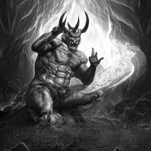 Image similar to full body, grayscale, muscled humanoid balrog demon, horns, claws, large horned tail, heroic pose, flames, fire, tarot, Gustave Dore, Greg Rutkowski,