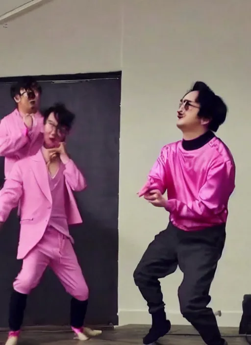 Image similar to joji singing in an scenario while filthy frank dances next to him in a pink outfit