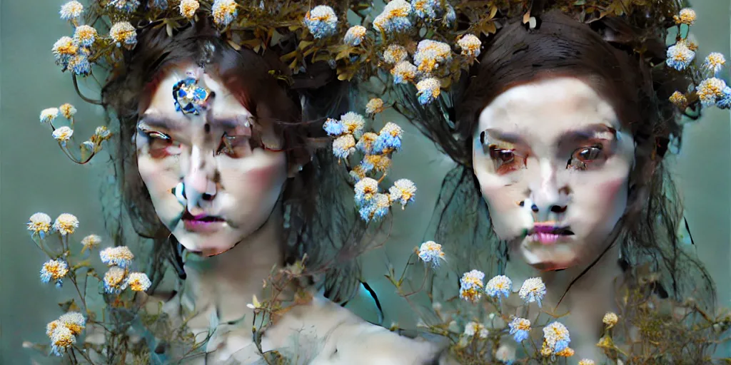 Image similar to breathtaking detailed concept art painting portrait of the goddess of nemophila flowers, orthodox saint, with anxious piercing eyes, ornate background, amalgamation of leaves and flowers, by hsiao - ron cheng, extremely moody lighting, 8 k