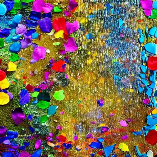 Image similar to extreme close-up of maximalist waterfall with water full of broken mirror pieces and millions of tiny colorful flower petals, bright saturated colors, scintillating, trending on ArtStation, beautiful!!! stunning!!! waterfall, impressionistic oil on canvas